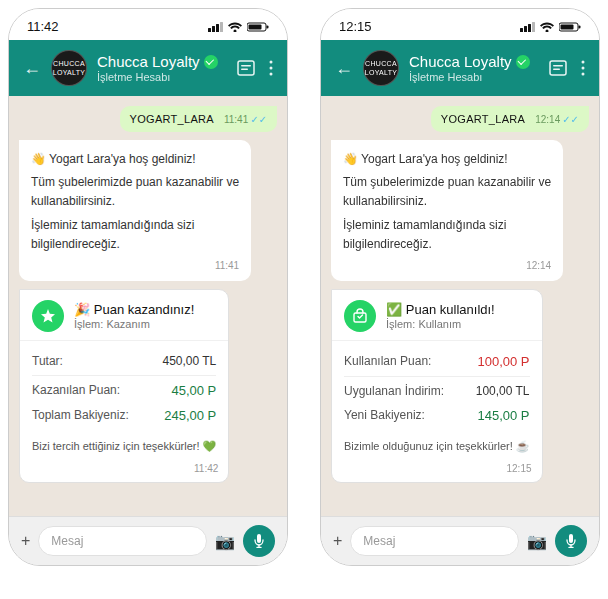 Örnek Chucca sadakat WhatsApp puan kazanma ve kullanma ekranları